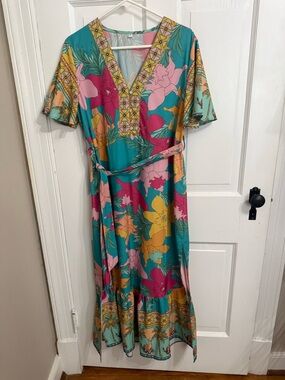 SHEIN Teal Floral Maxi Dress with Pink and Yellow Accents